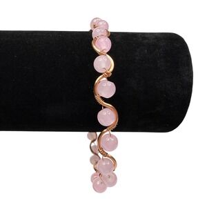 Handcrafted Rose Quartz Beaded Copper Wire Wrap Bracelet Artisan Jewelry 8.5